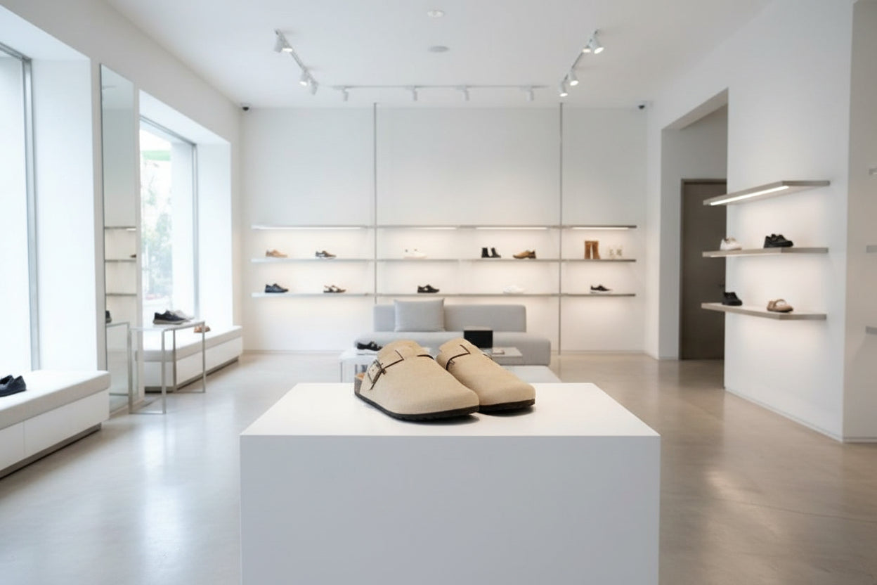 Pair of beige clogs with brown soles on a white background