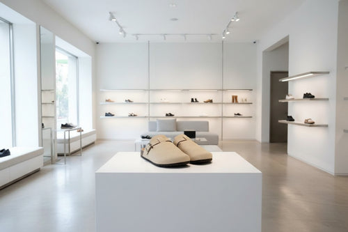 Pair of beige clogs with brown soles on a white background