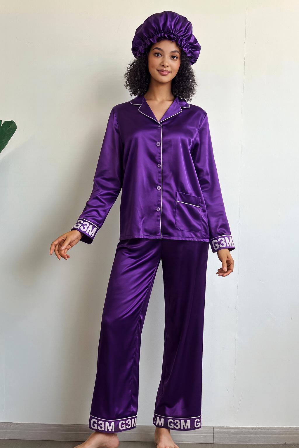 Royal Night Luxe Pajama Set with Bonnet | Premium Satin Sleepwear