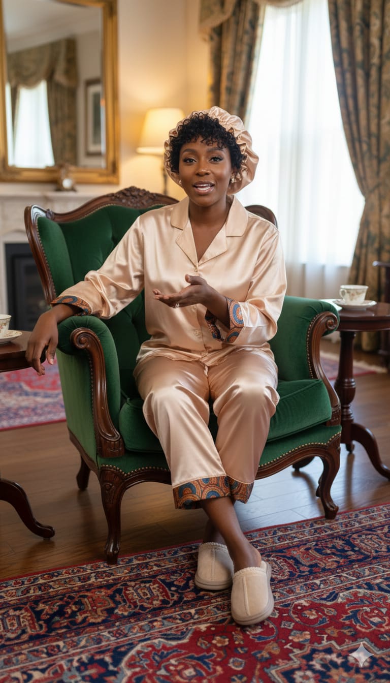 Satin Pajama Set with Matching Bonnet | Luxury Sleepwear