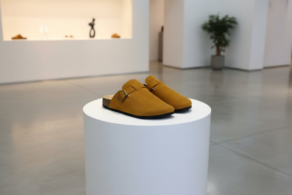 Pair of brown suede clogs with buckles on a white textured surface