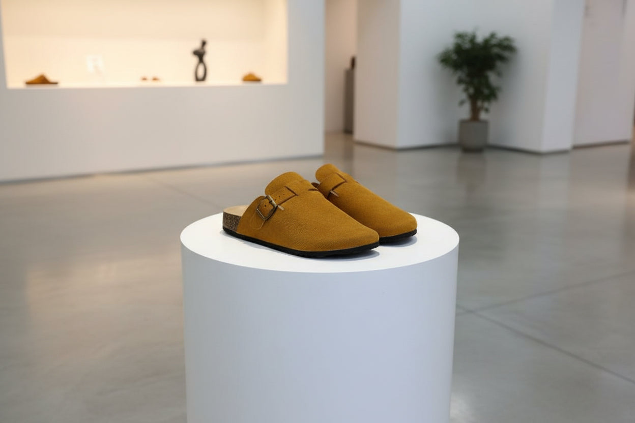 Pair of brown suede clogs with buckles on a white textured surface