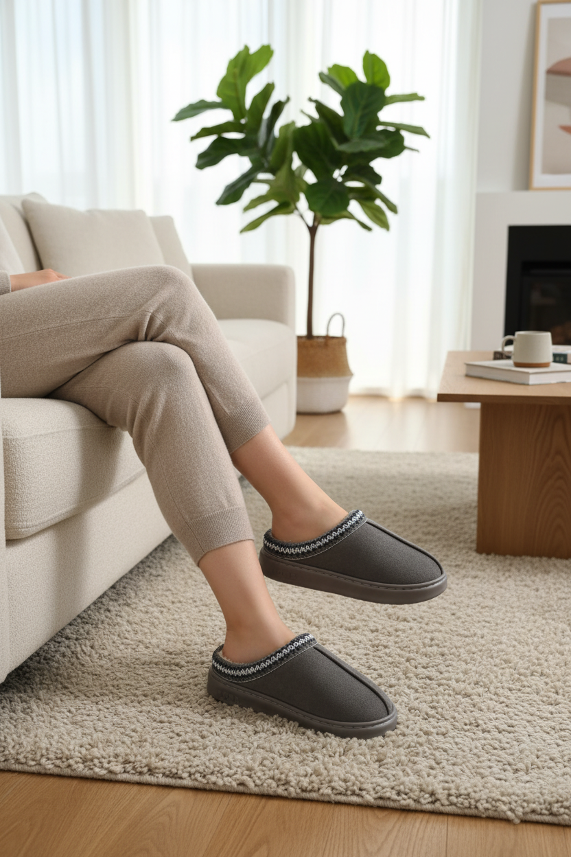 Model wearing luxury gray slippers