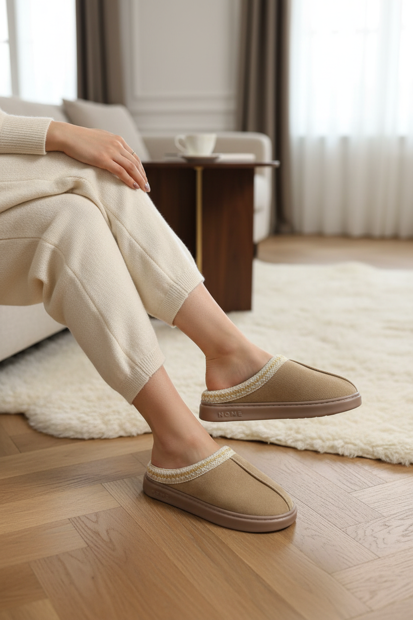 Model wearing luxury slippers