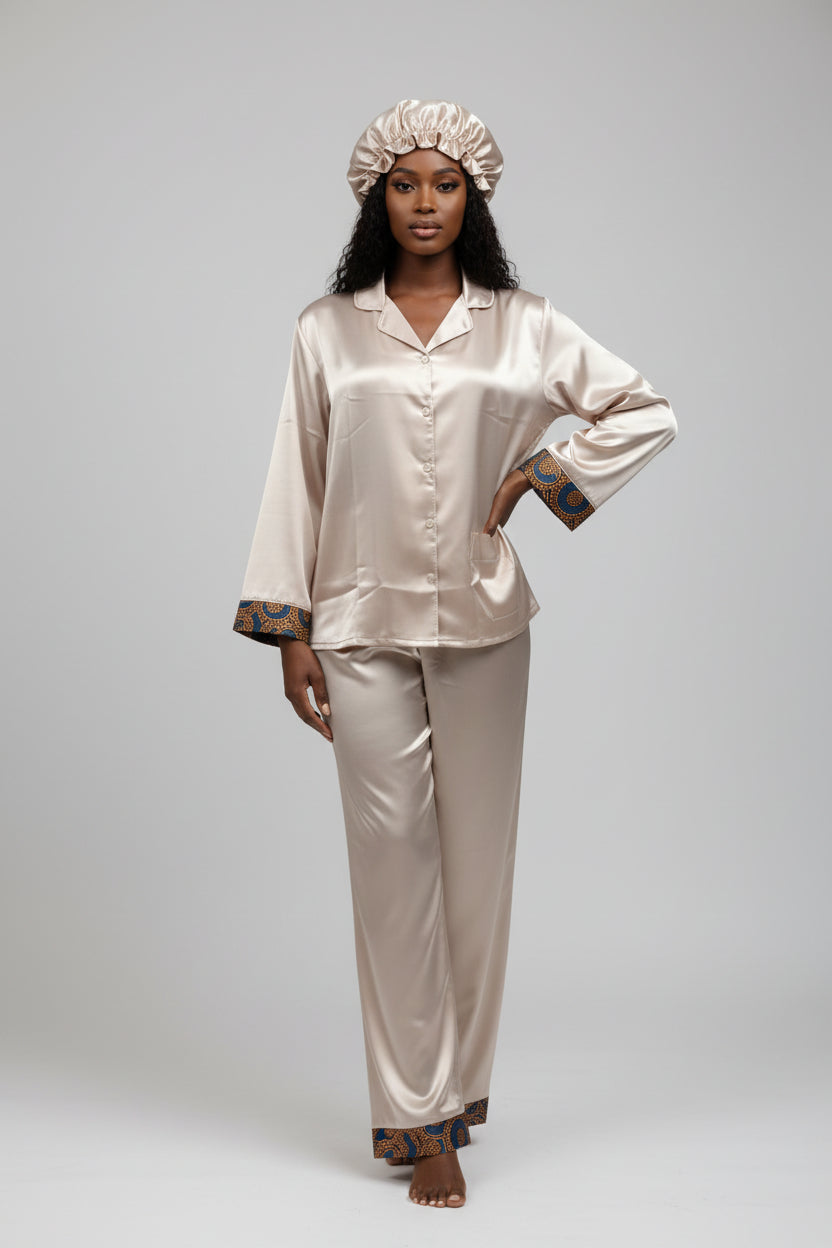 Satin Pajama Set with Matching Bonnet | Luxury Sleepwear